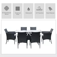 Outsunny 6 Seater Rattan Dining Set with Cushions, Rattan Garden Furniture Set with 6 Armchairs, Rectangular Glass Top Table, Outdoor Dining Table and Chairs, Black - 4