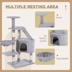 PawHut Cat Tree for Indoor Cats Kitten Scratching Post Scratch Scratcher Climb Activity Center Play House Pet Furniture 125cm (Grey) - 6