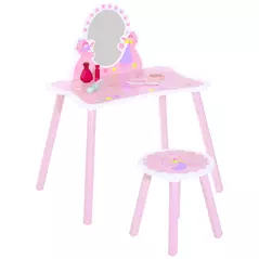 HOMCOM Kids Dressing Table Girls Pink Wooden Kids Dressing Table & Stool Make Up Desk Chair Toys Fairy Dresser Play Set w/Mirror - 1