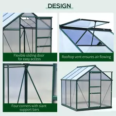 Outsunny 6 x 6ft Polycarbonate Greenhouse, Large Walk-In Green House with Slide Door and Window, Garden Plants Grow House with Aluminium Frame and Foundation, Dark Green - 4
