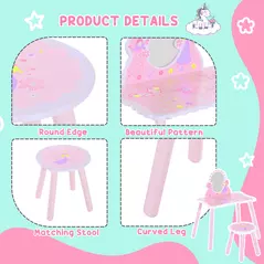 HOMCOM Kids Dressing Table Girls Pink Wooden Kids Dressing Table & Stool Make Up Desk Chair Toys Fairy Dresser Play Set w/Mirror - 5