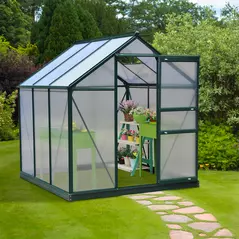 Outsunny 6 x 6ft Polycarbonate Greenhouse, Large Walk-In Green House with Slide Door and Window, Garden Plants Grow House with Aluminium Frame and Foundation, Dark Green - 2