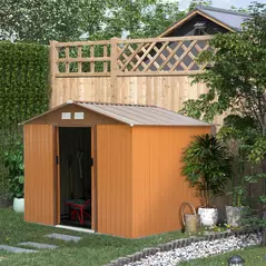 Outsunny 9 x 6ft Metal Garden Shed, Outdoor Storage Tool House with Ventilation Slots, Foundation Kit and Lockable Double Doors, Light Brown - 1
