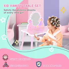 HOMCOM Kids Dressing Table Girls Pink Wooden Kids Dressing Table & Stool Make Up Desk Chair Toys Fairy Dresser Play Set w/Mirror - 4