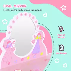 HOMCOM Kids Dressing Table Girls Pink Wooden Kids Dressing Table & Stool Make Up Desk Chair Toys Fairy Dresser Play Set w/Mirror - 6
