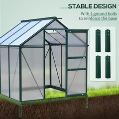 Outsunny 6 x 6ft Polycarbonate Greenhouse, Large Walk-In Green House with Slide Door and Window, Garden Plants Grow House with Aluminium Frame and Foundation, Dark Green - 6