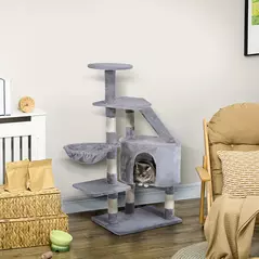 PawHut Cat Tree for Indoor Cats Kitten Scratching Post Scratch Scratcher Climb Activity Center Play House Pet Furniture 125cm (Grey) - 2