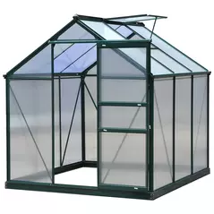 Outsunny 6 x 6ft Polycarbonate Greenhouse, Large Walk-In Green House with Slide Door and Window, Garden Plants Grow House with Aluminium Frame and Foundation, Dark Green - 1