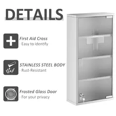 HOMCOM 4 Tier Stainless Steel Wall Mounted Medicine Cabinet Glass Lockable Door Storage Shelves Houseware Bathroom Furniture 60Hx30Wx12D(cm) w/2 Keys - 6