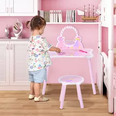 HOMCOM Kids Dressing Table Girls Pink Wooden Kids Dressing Table & Stool Make Up Desk Chair Toys Fairy Dresser Play Set w/Mirror - 2