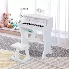 HOMCOM 37 Keys Kids Piano Mini Electronic Keyboard Light Kids Musical Instrument Educational Game Children Grand Piano Toy Set w/Stool & Microphone & Music Stand (White) - 2