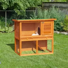 PawHut Two-Tier Rabbit Hutch, Wooden Outdoor Pet Cage, with Opening Top - 2