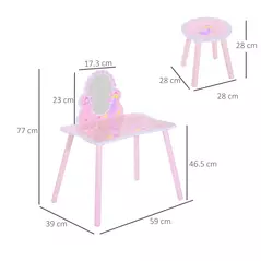 HOMCOM Kids Dressing Table Girls Pink Wooden Kids Dressing Table & Stool Make Up Desk Chair Toys Fairy Dresser Play Set w/Mirror - 3