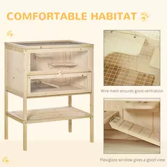 PawHut Wooden Hamster Cage with Storage Shelf, Small Animal Exercise Play House with Openable Top, Ramp for Gerbils, Drawf Hamsters, 60 x 40 x 80 cm - Natural - 6