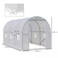 Outsunny 3.5 x 2 x 2 m Polytunnel Greenhouse, Walk-in Green House for Garden with Mesh Windows, Galvanised Steel Frame, White - 3