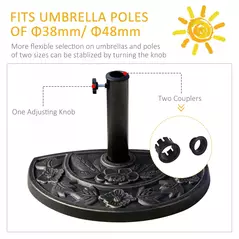 Outsunny 9kg Resin Parasol Base, Half Round Umbrella Stand with Floral Design for Garden, Outdoor, Suitable Umbrella Rod: Φ3.8cm, Φ4.8cm, Bronze Tone - 6