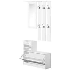 HOMCOM 2PC Shoes Storage Chest Cloths Rack Unit w/Mirror Multiple Shelves Large Storage Capacity Shoes Cabinet 6 Hooks Cloth Rack White - 1