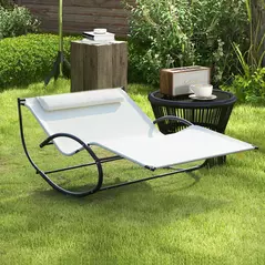 Outsunny Double Sun Lounger, Rocking Lounger Sunbed Daybed with Armrest and Headrest Pillow, for Two, For Outdoor Patio Garden, Cream White - 2