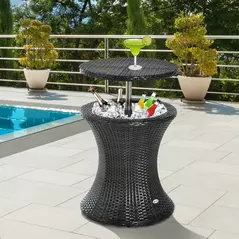 Outsunny PE Rattan Ice Bucket Table, Height Adjustable Liftable Outdoor Drinks Cooler, 52 cm Round Garden Beer Cocktail Table with Lid for Bar, Patio, Terrace, Brown - 2