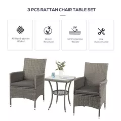 Outsunny 3 Pieces Rattan Bistro Set, Wicker Garden Furniture Set with 2-Tier Coffee Table and Chairs, Washable Cushions, for Outdoor Patio Balcony, Grey - 4