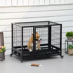 PawHut 36" Heavy Duty Metal Dog Crate Pet Cage with Tray Wheeled Dog Kennel - Black (Medium) - 2