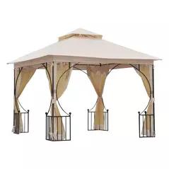 Outsunny 3 x 3(m) Garden Gazebo Patio Party Tent Shelter Outdoor Canopy Double Tier Sun Shade Metal Frame Netting, Beige - 1