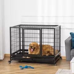 PawHut 43" Heavy Duty Metal Dog Crate Pet Cage with Tray Wheeled Dog Kennel - Black (Large) - 2