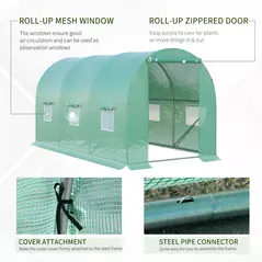 Outsunny 4 x 2 x 2 m Polytunnel Greenhouse with Roll-up Door and 6 Mesh Windows, Walk-in Garden Tunnel Warm House Tent with UV-resistant PE Cover and Galvanised Steel Frame, Green - 6