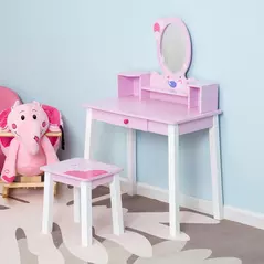 HOMCOM Kids Wooden Dressing Table and Stool Make Up Desk (Pink) - 2