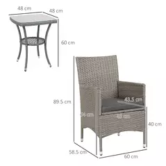 Outsunny 3 Pieces Rattan Bistro Set, Wicker Garden Furniture Set with 2-Tier Coffee Table and Chairs, Washable Cushions, for Outdoor Patio Balcony, Grey - 3