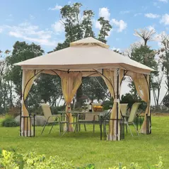Outsunny 3 x 3(m) Garden Gazebo Patio Party Tent Shelter Outdoor Canopy Double Tier Sun Shade Metal Frame Netting, Beige - 2