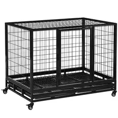 PawHut 43" Heavy Duty Metal Dog Crate Pet Cage with Tray Wheeled Dog Kennel - Black (Large) - 1