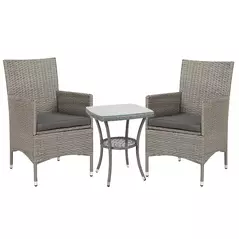 Outsunny 3 Pieces Rattan Bistro Set, Wicker Garden Furniture Set with 2-Tier Coffee Table and Chairs, Washable Cushions, for Outdoor Patio Balcony, Grey - 1