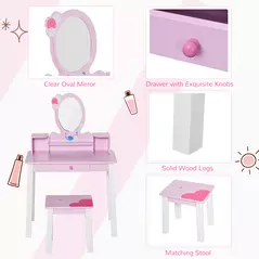HOMCOM Kids Wooden Dressing Table and Stool Make Up Desk (Pink) - 5