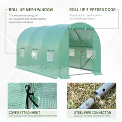 Outsunny 4 x 2 x 2 m Polytunnel Greenhouse with Roll-up Door and 6 Mesh Windows, Walk-in Garden Tunnel Warm House Tent with UV-resistant PE Cover and Galvanised Steel Frame, Green - 7