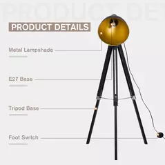 HOMCOM Tripod Floor Lamp, Spotlight Reading Lamp w/ Adjustable Height, Angle, Wood Legs for Living Room, Bedroom, Home, Office, Black and Gold - 4