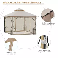 Outsunny 3 x 3(m) Garden Gazebo Patio Party Tent Shelter Outdoor Canopy Double Tier Sun Shade Metal Frame Netting, Beige - 6