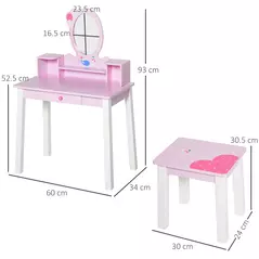 HOMCOM Kids Wooden Dressing Table and Stool Make Up Desk (Pink) - 3