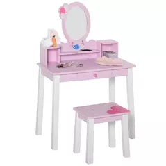 HOMCOM Kids Wooden Dressing Table and Stool Make Up Desk (Pink) - 1