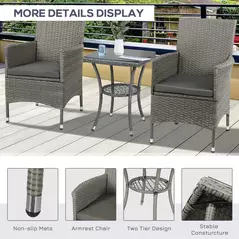 Outsunny 3 Pieces Rattan Bistro Set, Wicker Garden Furniture Set with 2-Tier Coffee Table and Chairs, Washable Cushions, for Outdoor Patio Balcony, Grey - 5