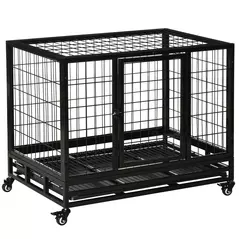 PawHut 36" Heavy Duty Metal Dog Crate Pet Cage with Tray Wheeled Dog Kennel - Black (Medium) - 1