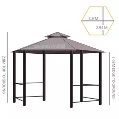 Outsunny 3 x 3(m) Hexagon Gazebo Patio Canopy Party Tent Outdoor Garden Shelter w/ 2 Tier Roof & Side Panel - Brown - 3
