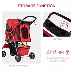 PawHut Pet Stroller for Small Miniature Dogs Cats Foldable Travel Carriage with Wheels Zipper Entry Cup Holder Storage Basket Red - 6