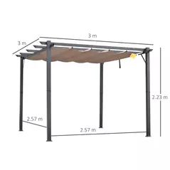 Outsunny 3m x 3m Pergola - Retractable Aluminium 3x3 Garden Shade for Outdoor BBQ & Gatherings, Family Use, Brown - 3