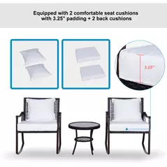 Outsunny Rattan Bistro Set, 3 Pieces Wicker Garden Furniture Set with Rocking Chairs and Round Glass Top Coffee Table, Small Balcony Furniture with Cushions for Outdoor, Porch, Brown - 6