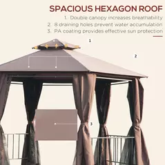 Outsunny 3 x 3(m) Hexagon Gazebo Patio Canopy Party Tent Outdoor Garden Shelter w/ 2 Tier Roof & Side Panel - Brown - 4