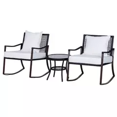 Outsunny Rattan Bistro Set, 3 Pieces Wicker Garden Furniture Set with Rocking Chairs and Round Glass Top Coffee Table, Small Balcony Furniture with Cushions for Outdoor, Porch, Brown - 1