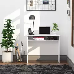 HOMCOM Modern Computer Desk, Home Office Table, Small Writing Desk with Storage Shelf, 90 x 50cm, White Wood Grain - 2