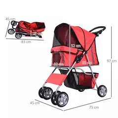 PawHut Pet Stroller for Small Miniature Dogs Cats Foldable Travel Carriage with Wheels Zipper Entry Cup Holder Storage Basket Red - 3