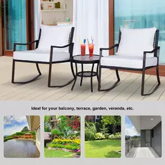 Outsunny Rattan Bistro Set, 3 Pieces Wicker Garden Furniture Set with Rocking Chairs and Round Glass Top Coffee Table, Small Balcony Furniture with Cushions for Outdoor, Porch, Brown - 4